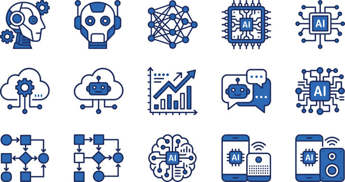 Set of artificial intelligence and machine learning icons featuring blue line art designs for technology software and digital data concepts