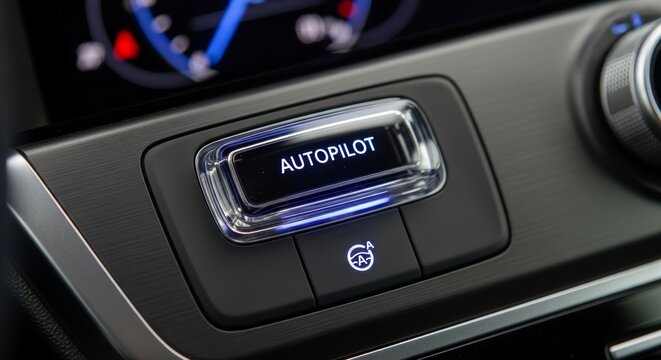 Close-up of a car's interior dashboard featuring an illuminated 'Autopilot' button and a cruise control symbol, showcasing advanced vehicle technology