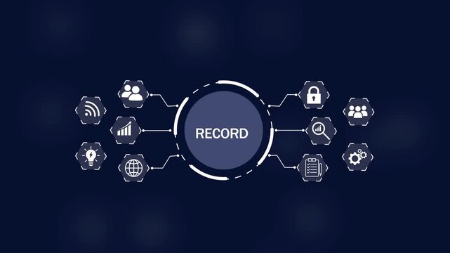 Central dark circle with the word RECORD surrounded by interconnected white hexagonal representing data, securityon Black Background and features 4k Animation video