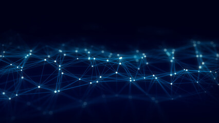 Abstract blue network background on dark. Glowing connected nodes and lines form futuristic digital mesh. Technology communication and data visualization concept.  © Alina