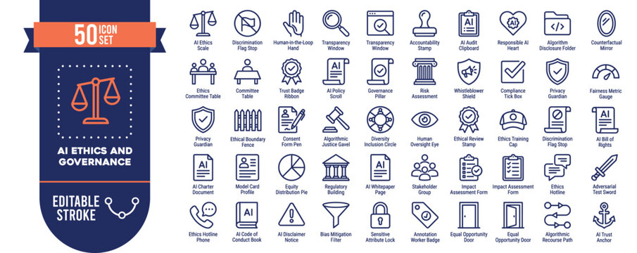 AI Ethics and Governance Icon Set Vector with Editable Stroke for Responsible AI Design
