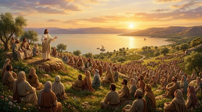 Jesus christ preaching the sermon on the mount to a large crowd