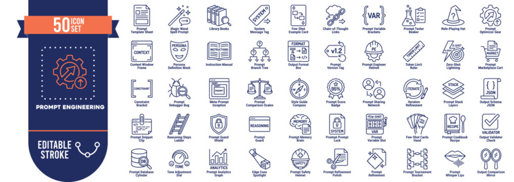 Prompt Engineering Icon Set Vector with Editable Stroke for AI and Developer Design