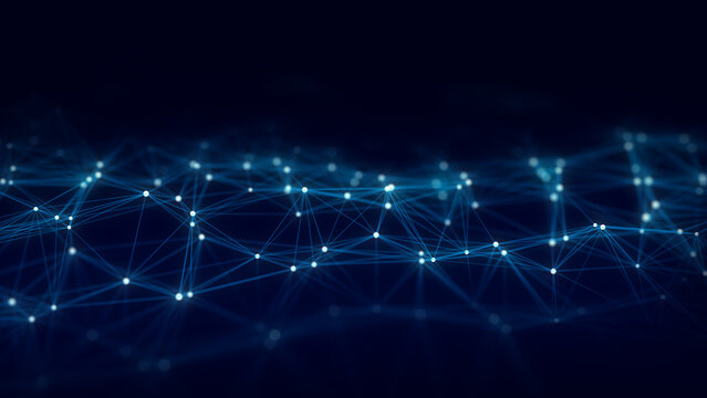 Abstract blue network background on dark. Glowing connected nodes and lines form futuristic digital mesh. Technology communication and data visualization concept.
