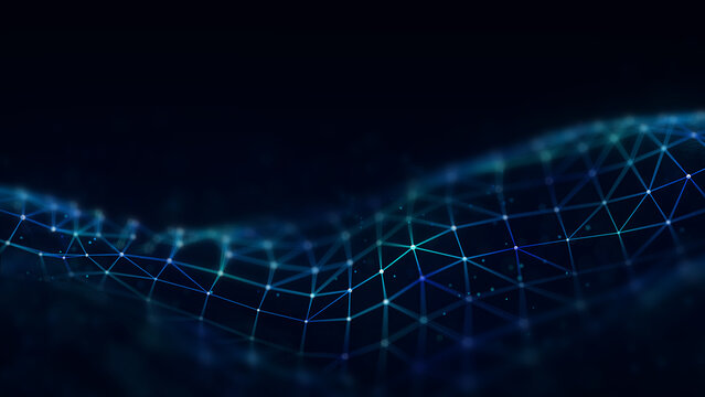 Abstract blue low poly network wave on dark background. Connected nodes and lines form futuristic digital mesh. Technology data visualization.
