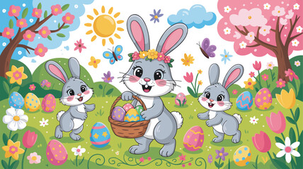 Obraz premium Vector illustration of Easter rabbits with eggs, flowers, butterflies, and festive spring meadow scene for seasonal design