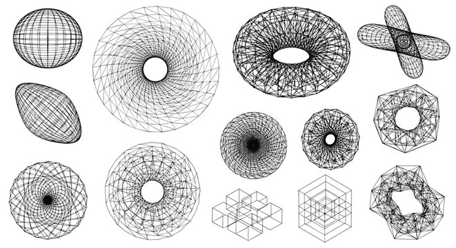 Large collection of diverse 3D wireframe geometric shapes including spheres, toroids, and complex mathematical spirals.