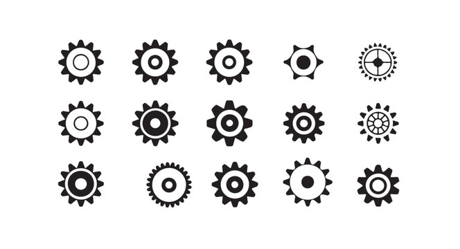 Gear wheels set icons with various shapes for industrial engineering and mechanical design projects.