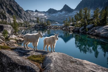 Obraz premium Remote mountain goats exploring pristine alpine terrain under a clear blue sky