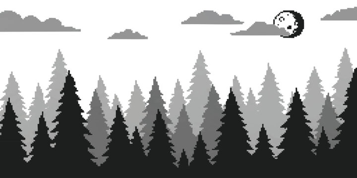 Pixel art forest landscape with pine trees and clouds under a full moon in a retro 8 bit video game style scenery