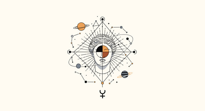 Esoteric illustration of a classical marble head surrounded by geometric lines planets and astrological symbols on a beige background.