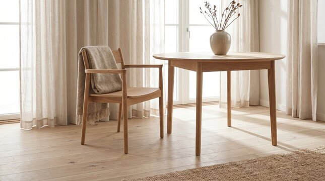 Scandinavian Japandi Style Dining Corner with Wooden Table and Chair in Soft Natural Light