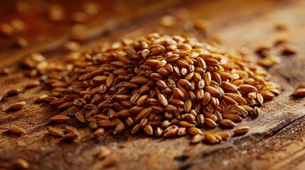 Obraz premium Rustic grain scene featuring barley seeds on wood with warm color palette