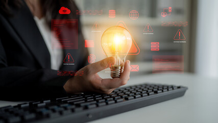 A business professional holds a light bulb representing innovation in a modern workspace, surrounded by digital elements that signify creativity and technological growth. Cyphers © InfiniteFlow