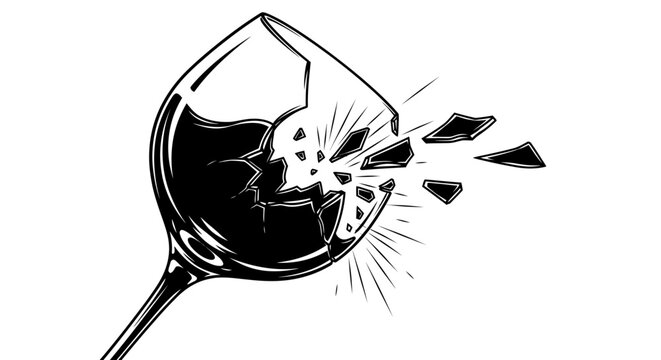 Broken wine glass illustration with spilled liquid and shattered fragments