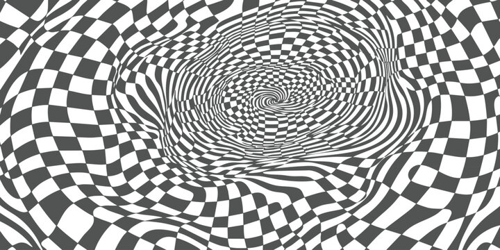 Abstract checkered pattern with a swirling optical illusion effect in black and white geometric shapes
