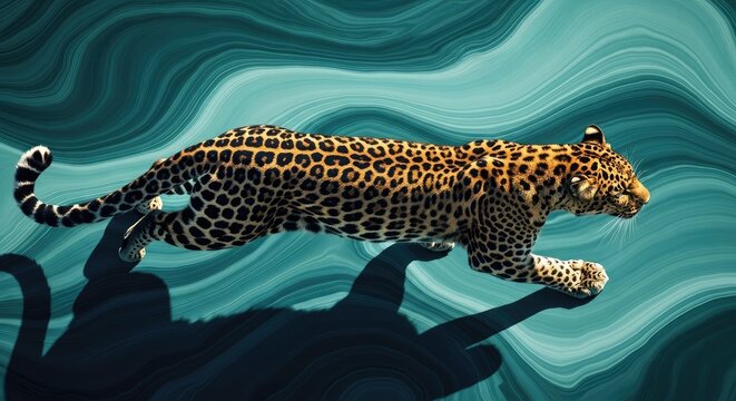 Spotted leopard moving forward gracefully across a flowing teal abstract surface