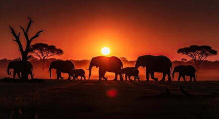 Fototapeta premium Herd of Elephants at Sunset in Savannah.