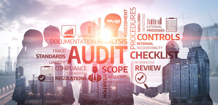This image captures an abstract illustration of the audit process featuring silhouettes, urban backgrounds, and key terms related to auditing, compliance, and evaluation. Tessel