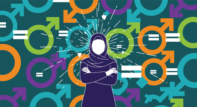 Powerful woman in a purple hijab stands with arms crossed against a background filled with male and female gender symbols.