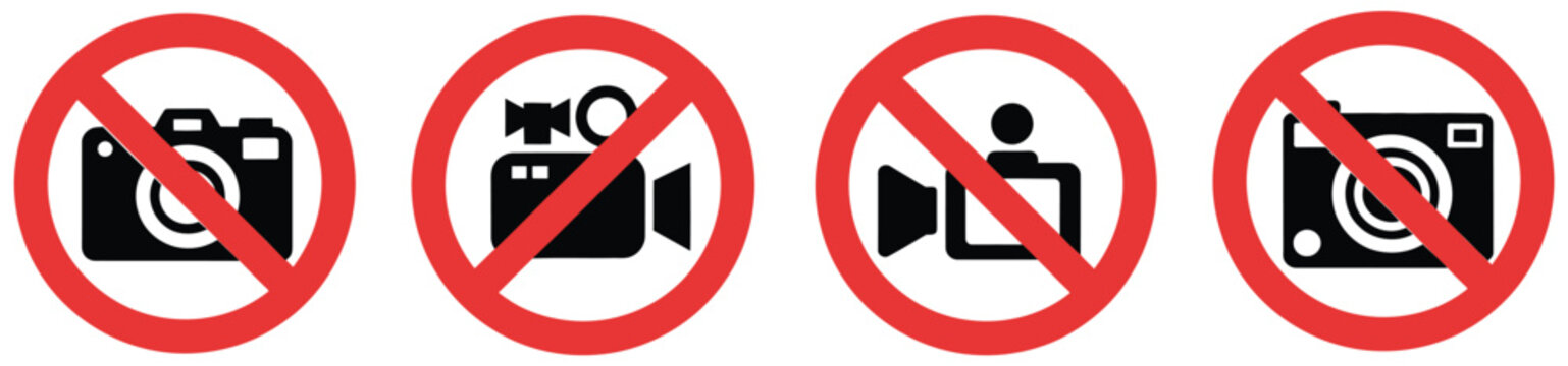 No photo camera vector signs, forbidden photography and video recording restriction symbol, clear ban sign icons for safety use vector illustration.
