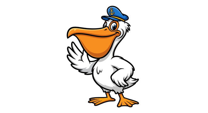 Cartoon pelican in sailor hat with friendly gesture on white background