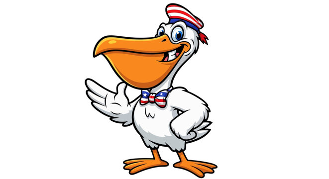 Cartoon pelican mascot smiling and waving on white background