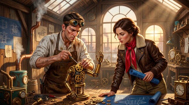 A male inventor and his female assistant work on a mechanical robot project inside a vintage workshop for advertising projects.