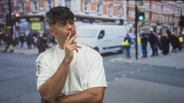 Young hispanic man with finger to lips and crossed arm at a busy city street intersection; curiosity urban observation.