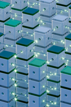 3D connected data cube grid glowing with network light