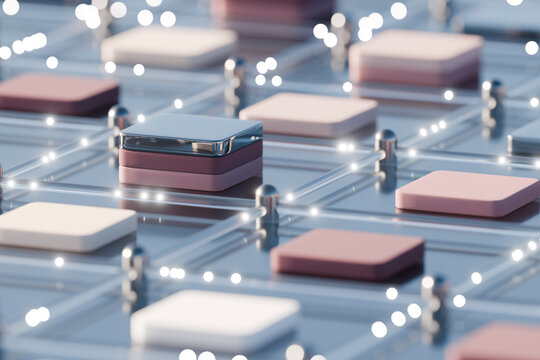 3D soft grid node resting in a pastel tech lattice
