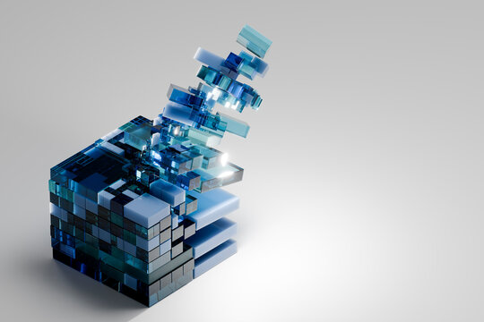 3D modular glass stack rising from a bright digital core
