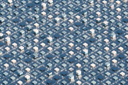 3D network tile matrix spreading across a luminous grid