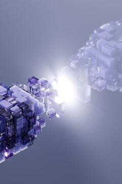 3D violet data cluster glowing against a clean soft field