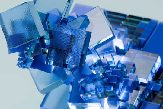 3D blue crystal cluster bursting with layered glass blocks