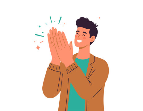Happy man clapping hands, showing appreciation and celebration with a joyful expression.