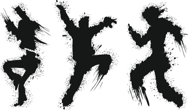 Abstract grunge dancer silhouettes with ink splatter paint brush stroke effect collection.