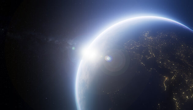 3D sunrise Earth horizon glowing above a starry world