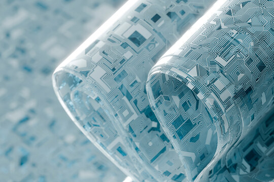 3D frosted circuit sheet curling with a cool digital glow