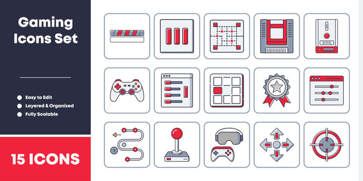 Set of digital pixel art icons featuring various interactive video game interface elements