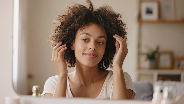 young woman touching curly hair in mirror, natural beauty and hair care portrait at home, skincare routine and confident self image concept