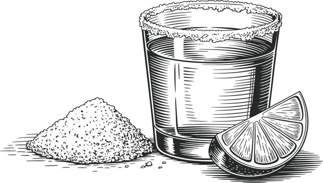 Engraved illustration of tequila shot glass with salt rim, lime slice, and salt pile.