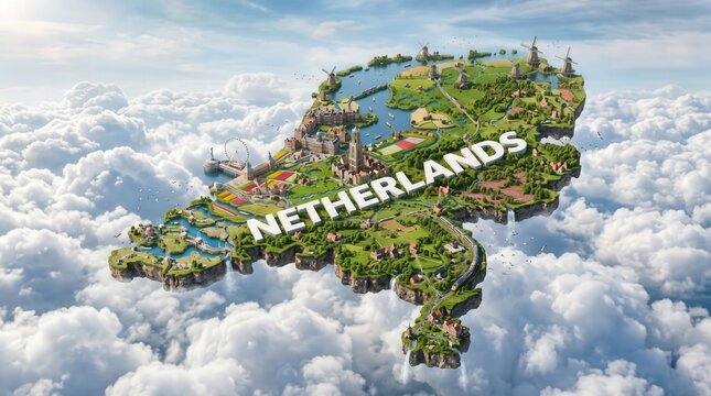 Netherlands country floating on soft white clouds under a bright sunny sky for a travel editorial poster or creative destination banner.