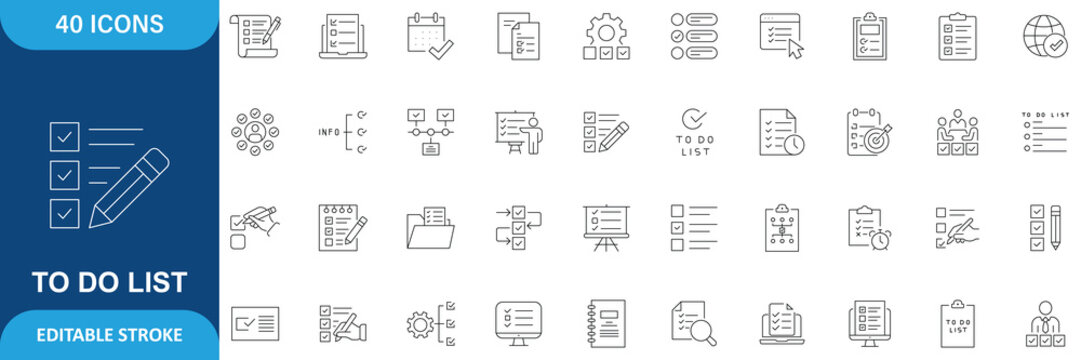 To do list line editable icon set. Contain icons related to checklist, plan, task, to do list, and more. Editable stroke. Vector file