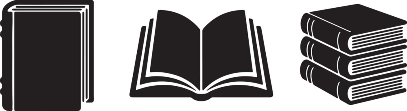 Three book silhouettes showing closed open and stacked forms against a white background concept of knowledge