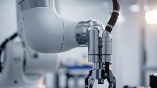 Industrial robotic arm with flexible conduit in clean factory setting