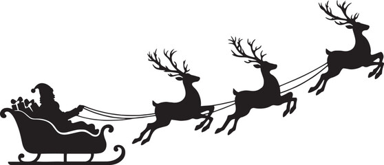 Christmas Santa Claus silhouette flying in sleigh with reindeer, black holiday vector illustration, winter festive reindeer pulling sled with gifts © Adnan