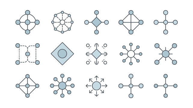 Minimalist network junction and flow symbols &ndash; Perfect for cybersecurity visuals, cloud computing diagrams, or IT system mapping.