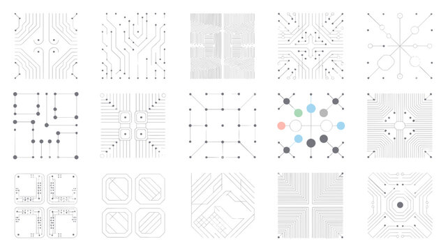 Grid of 12 minimal circuit board patterns &ndash; Great for tech background textures, electronic design assets, or engineering graphics.
