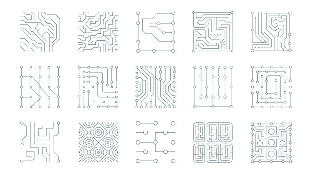 Vector circuit board background patterns &ndash; Ideal for electronic engineering manuals, futuristic textures, or software design themes.